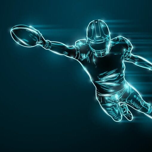 A neon image of a football player holding a ball.